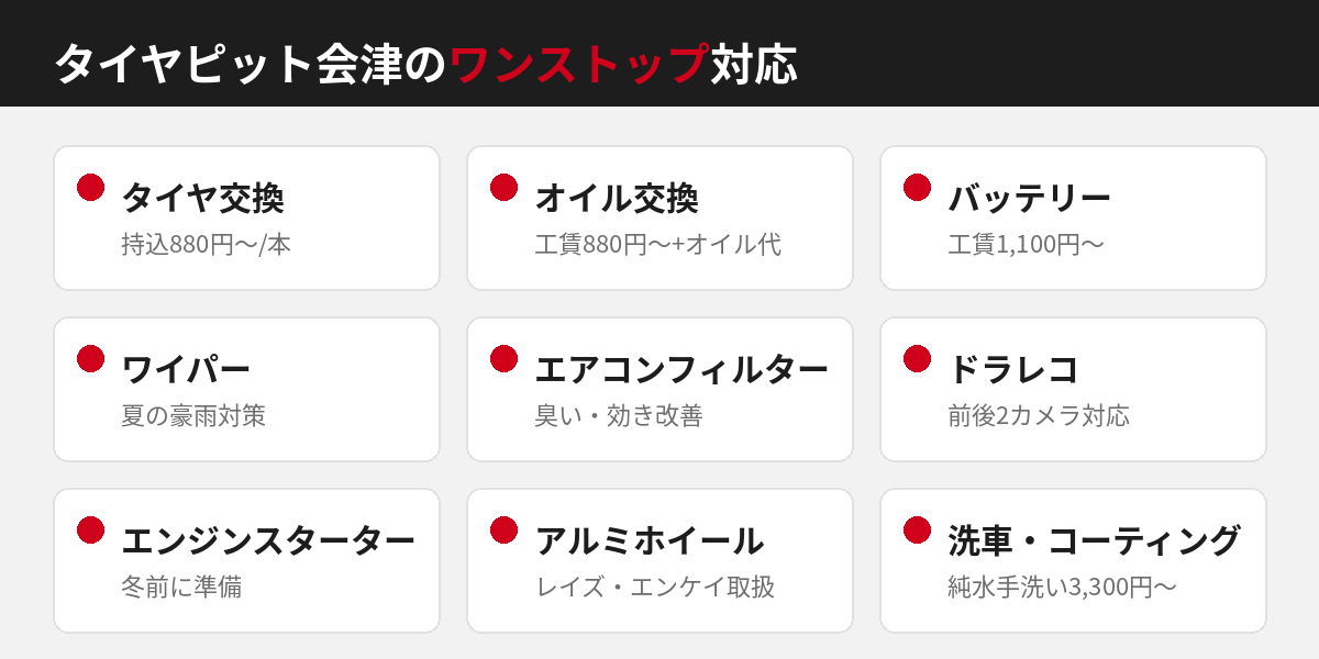タイヤピット会津のワンストップ対応(タイヤ・オイル・バッテリー・洗車ほか)
